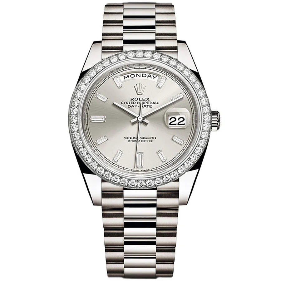 Rolex Day-Date 40 Presidential 228349RBR Diamond Bezel Baguette Diamond Silver Dial